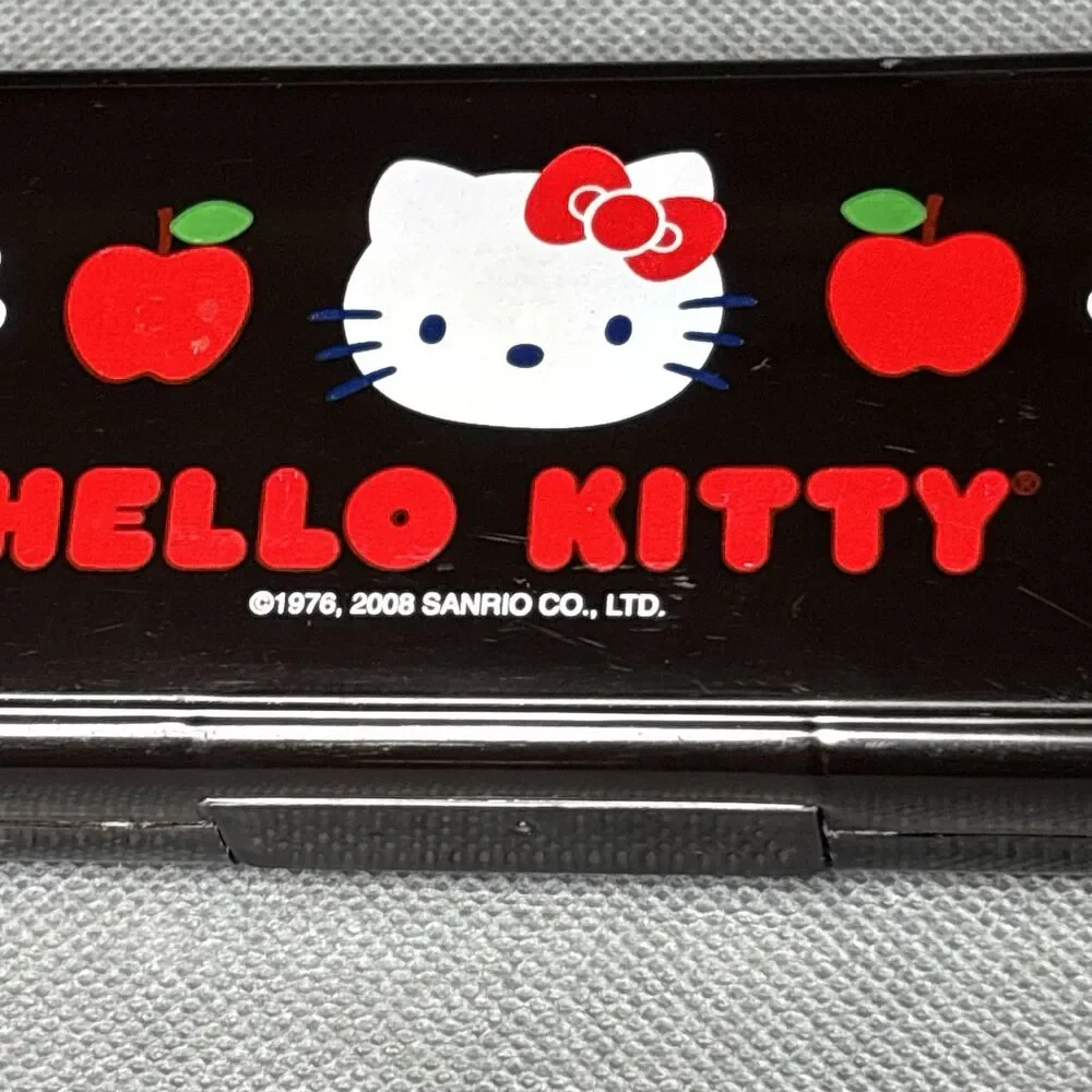 Sanrio Hello Kitty Pencil Case 2008 Black W/Red Apple Heart White Flower-Plastic